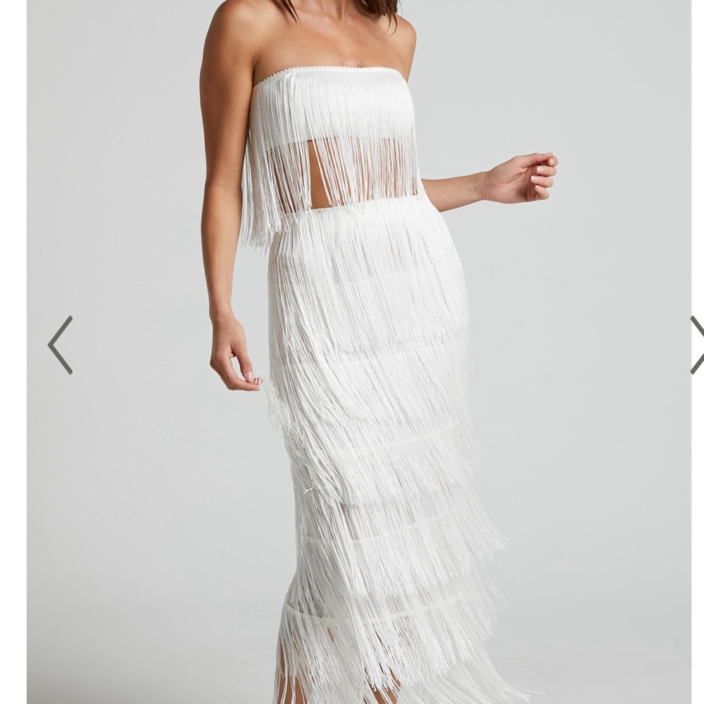 White Fringe Strapless Dress